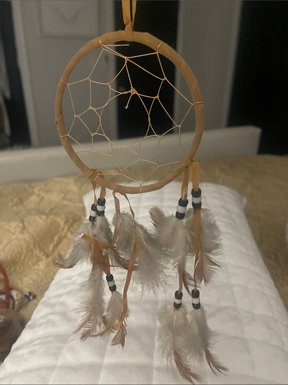 Handmade Tan Dreamcatcher with Gray Feathers